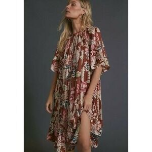 Anthropologie Leandra NWT Pleated foil midi brown motif floral dress XS $168